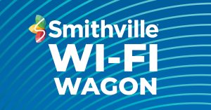 Text "Smithville Wi-Fi Wagon" over blue background